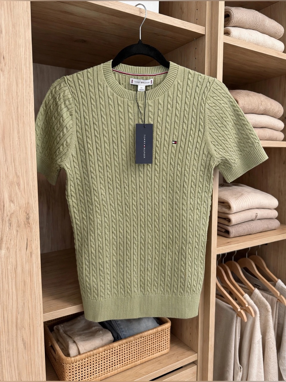Tommy Hilfiger Women’s Olive Cable-Knit Short Sleeve Sweater